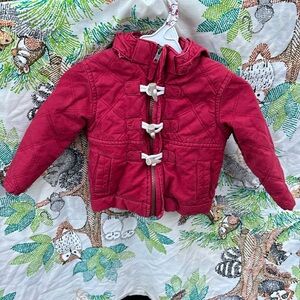 Genuine Kids Oshkosh Red Quilted Toggle Zip Up Hoodie Jacket Plaid Lining 18M